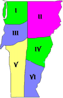 Image of a Vermont map showing how the state is divided into six music districts