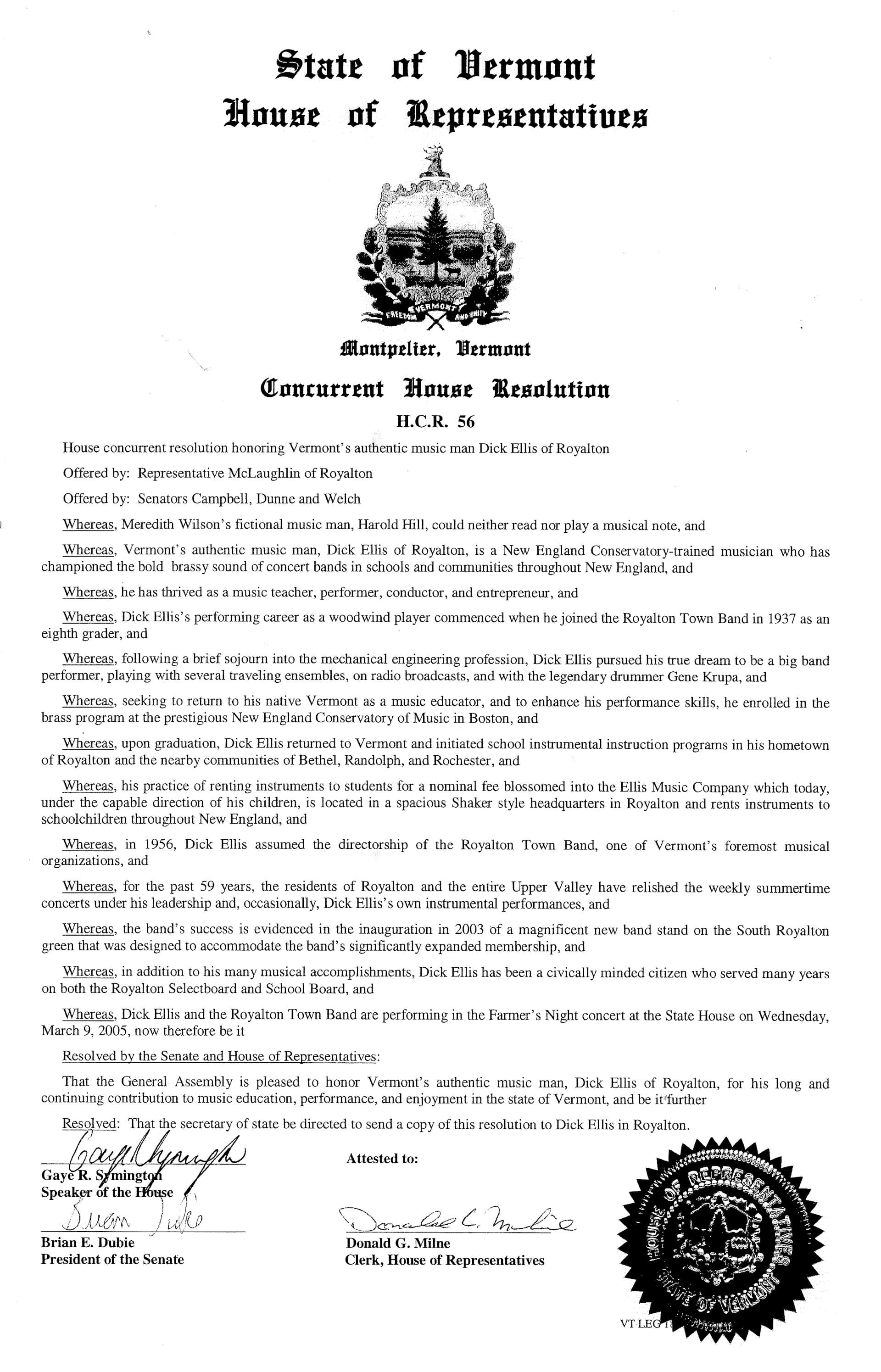Scanned image of a proclamation by the Vermont legislature