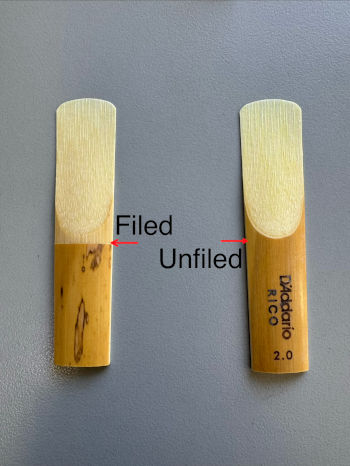 photo of alto saxophone reeds showing filed and unfiled options